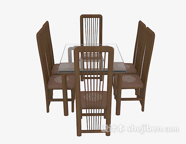 玻璃桌、实木椅3d模型下载