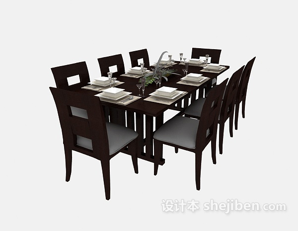免费美式风格实木餐桌餐椅3d模型下载
