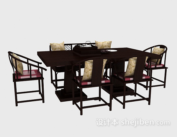 免费中式实木餐桌椅3d模型下载