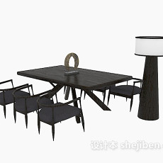 黑色美式餐桌椅3d模型下载