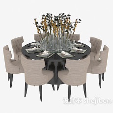 美式圆形餐桌椅3d模型下载
