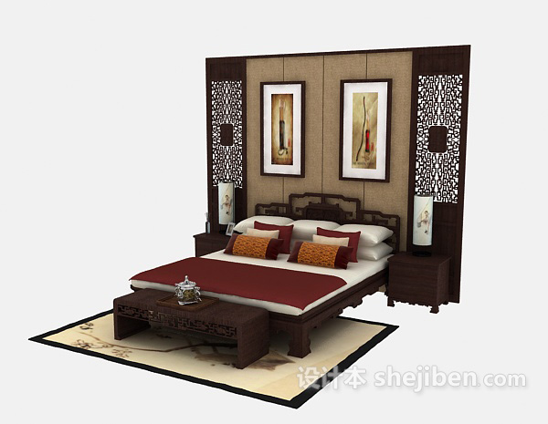 中式风格中式 风格双人床3d模型下载