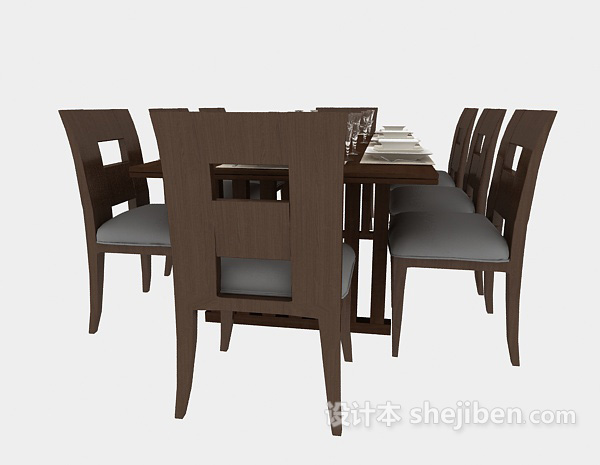 东南亚风格棕色木质餐桌餐椅3d模型下载
