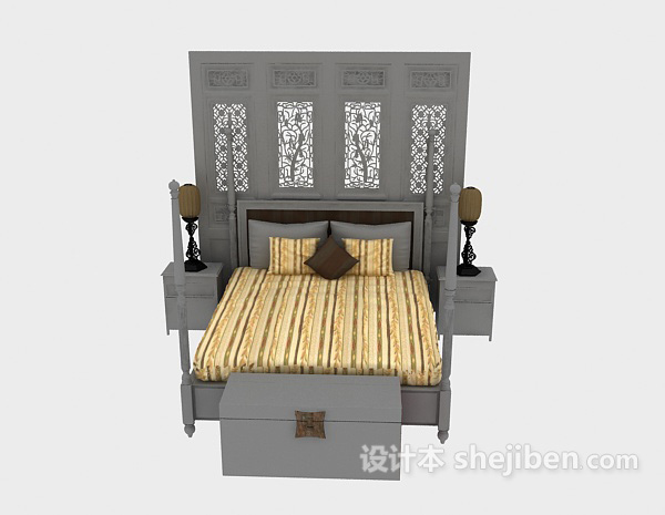中式风格中式传统双人床3d模型下载