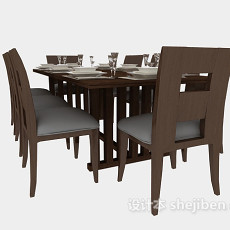 棕色木质餐桌餐椅3d模型下载