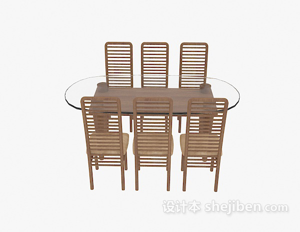玻璃桌，实木椅组合3d模型下载