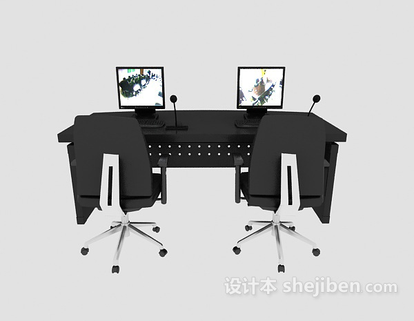 现代风格监控室实木桌椅组合3d模型下载