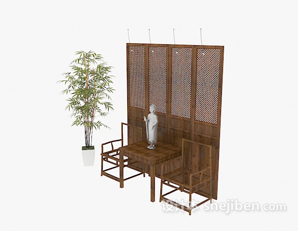 中式桌椅，屏风组合3d模型下载