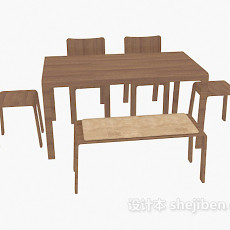 田园实木餐桌椅组合3d模型下载