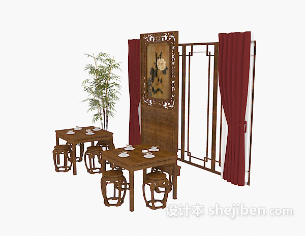 中式茶馆桌椅组合3d模型下载