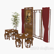 中式茶馆桌椅组合3d模型下载