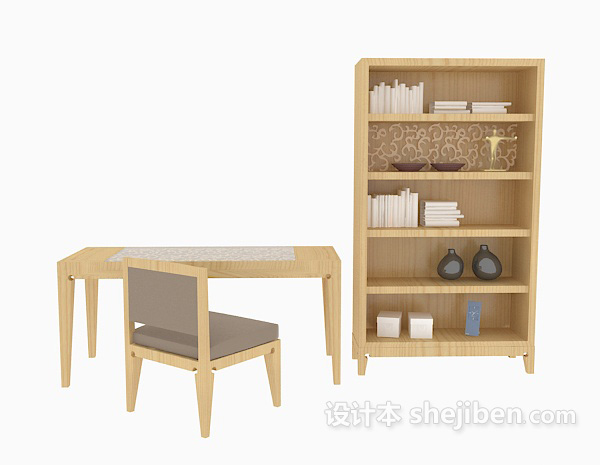 现代风格实木书桌、书柜组合3d模型下载