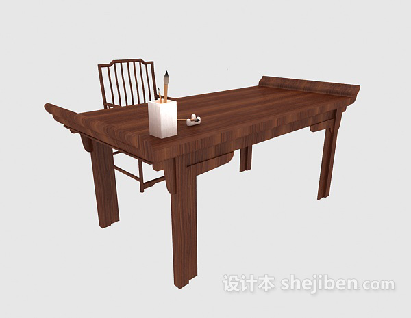棕色实木中式条案书桌3d模型下载