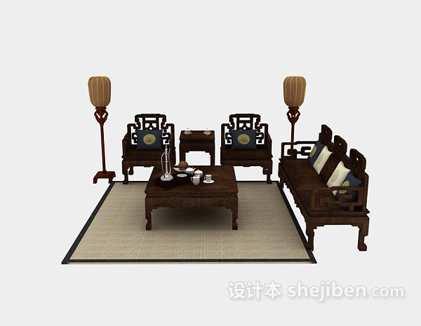 中式风格中式实木组合沙发3d模型下载