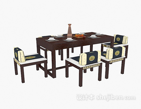 中式风格中式实木餐桌3d模型下载
