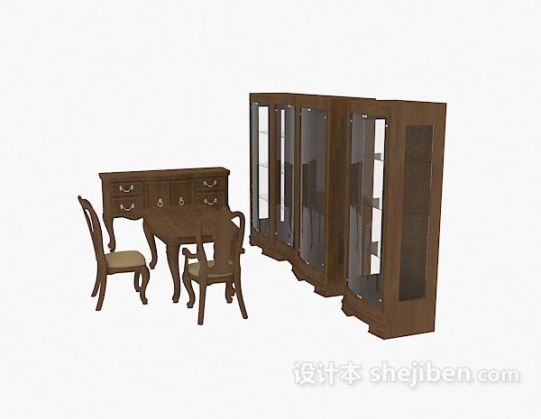 欧式桌椅、书柜3d模型下载