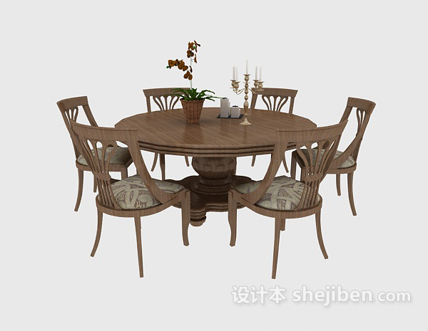 地中海风格简约实木餐桌餐椅3d模型下载