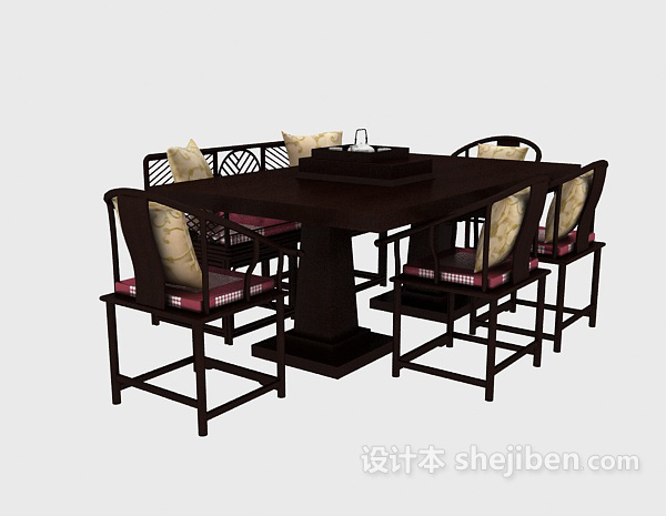 中式实木餐桌椅3d模型下载