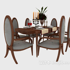 美式实木餐桌椅组合3d模型下载
