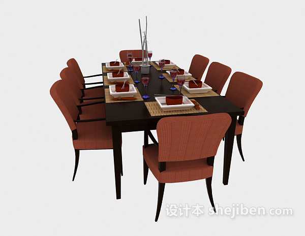 东南亚风格简约木质餐桌餐椅3d模型下载