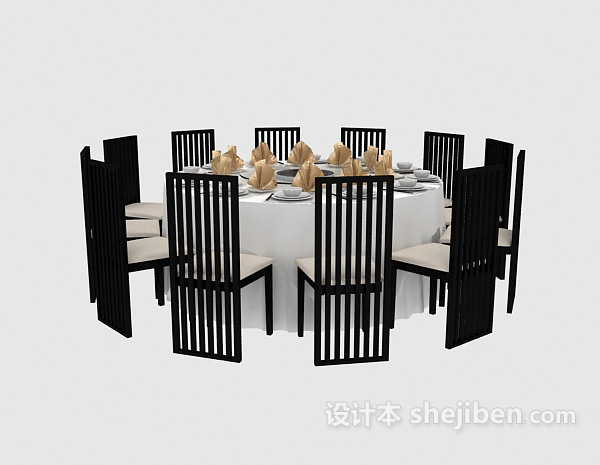 中式风格中式黑色餐桌餐椅3d模型下载