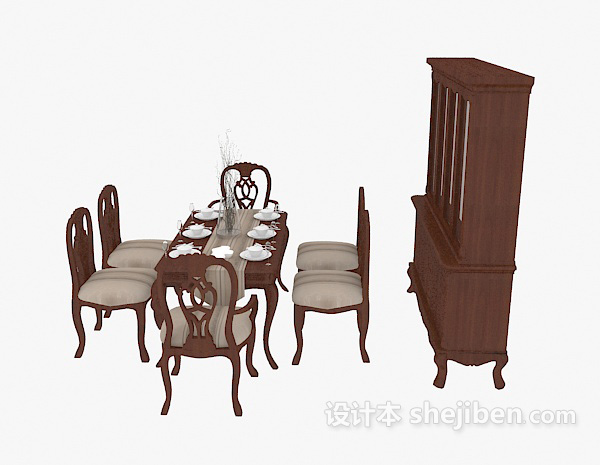 地中海实木餐桌椅3d模型下载