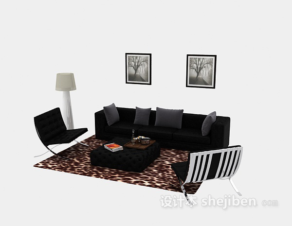 现代风格现代黑色多人沙发3d模型下载
