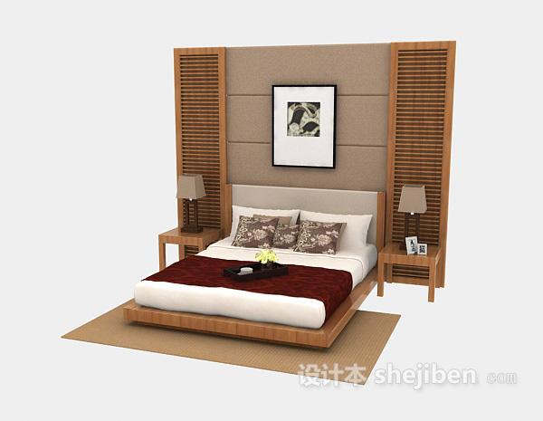 实木家庭双人床3d模型下载