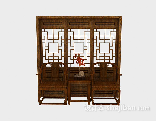 中式风格中式实木单人沙发3d模型下载