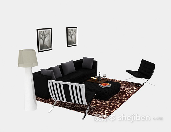 现代黑色多人沙发3d模型下载