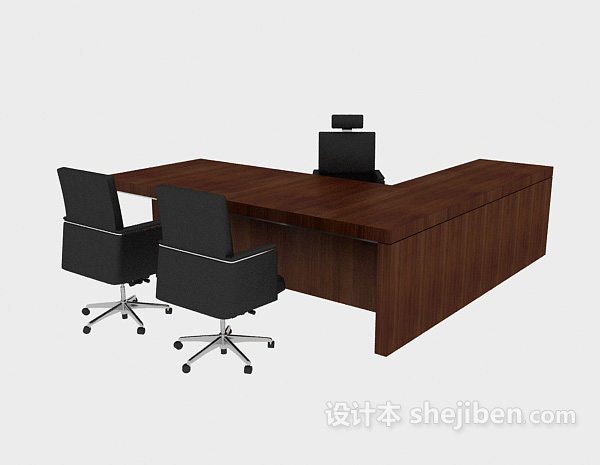 实木棕色办公桌椅组合3d模型下载