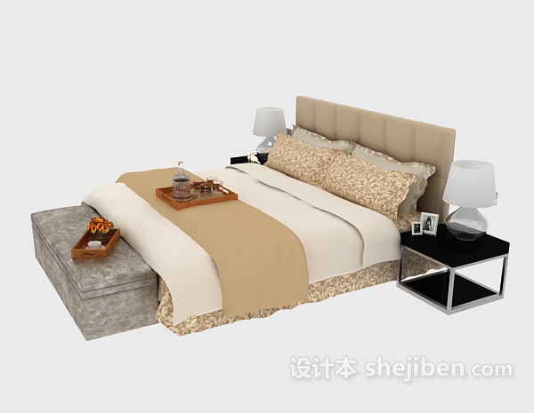 现代实木双人床3d模型下载