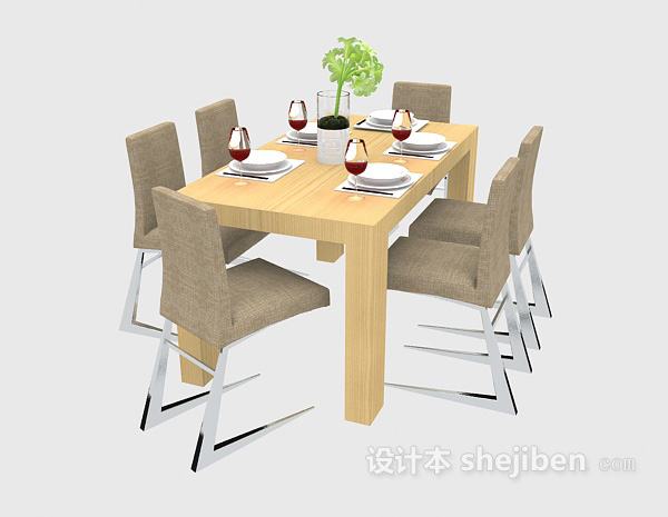 现代实木餐桌椅3d模型下载