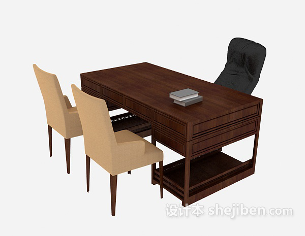 免费棕色实木办公桌3d模型下载