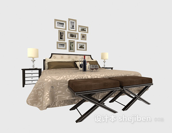 免费卧室双人床3d模型下载