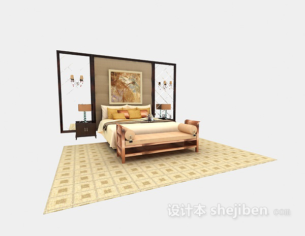 免费卧室实木双人床3d模型下载