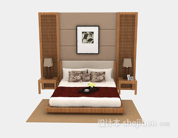 东南亚风格实木家庭双人床3d模型下载