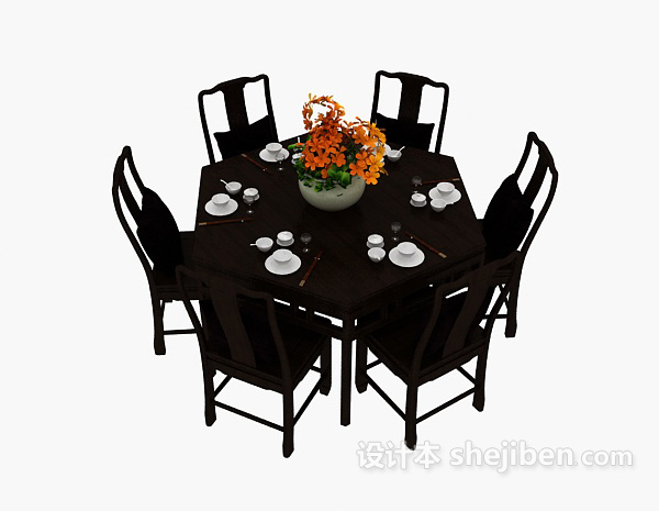 免费中式家居餐桌椅3d模型下载