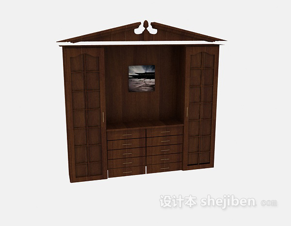 中式风格带电视柜的衣柜3d模型下载