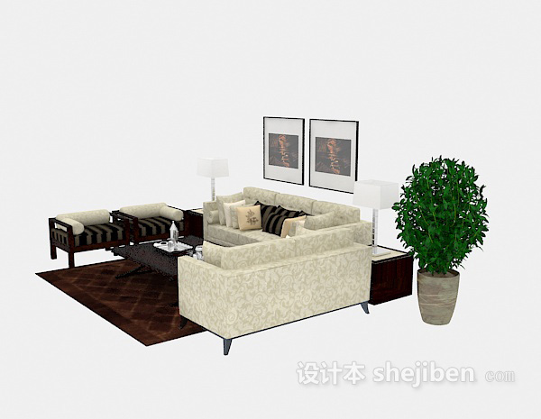 免费实木家居组合沙发3d模型下载