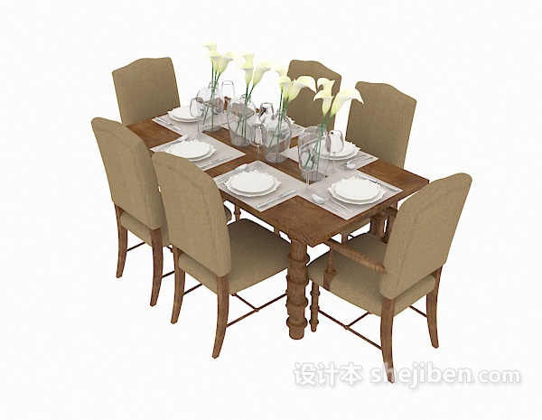 美式六人餐桌餐椅3d模型下载