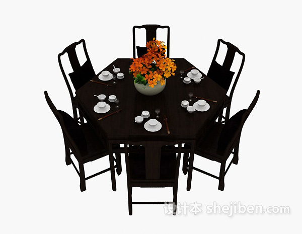 中式家居餐桌椅3d模型下载