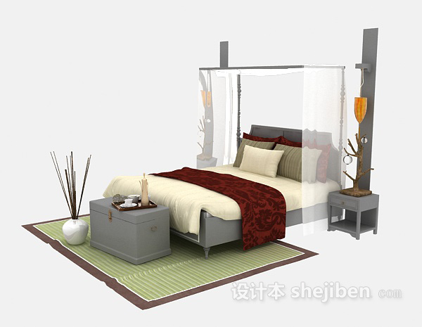 中式家庭双人床3d模型下载