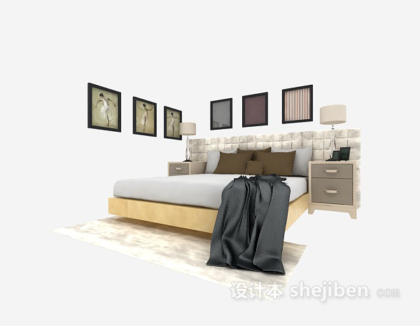 现代实木家庭双人床3d模型下载