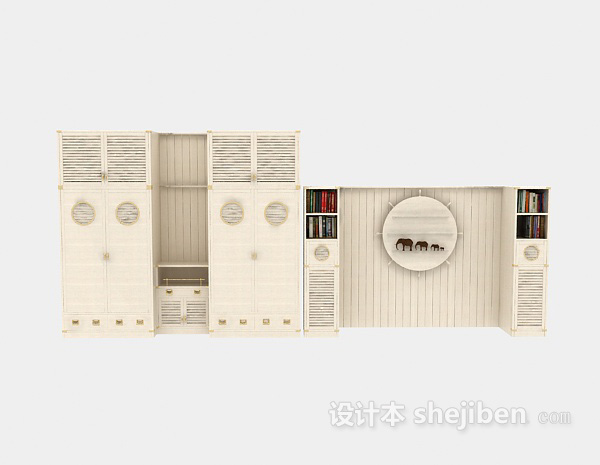 现代风格组合带书架衣柜3d模型下载