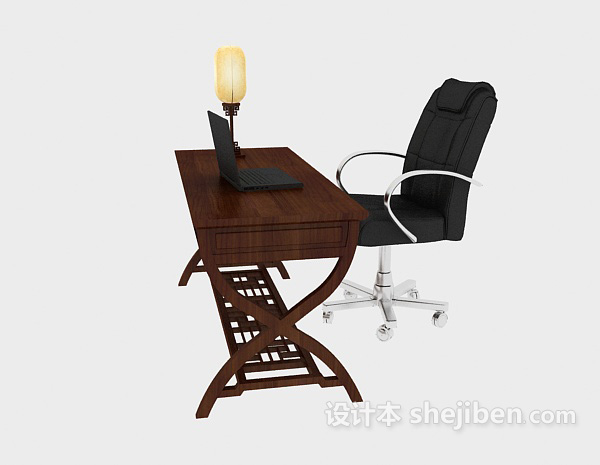 中式风格中式实木书桌、台灯3d模型下载