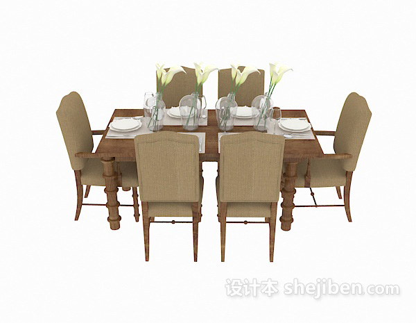 免费美式六人餐桌餐椅3d模型下载