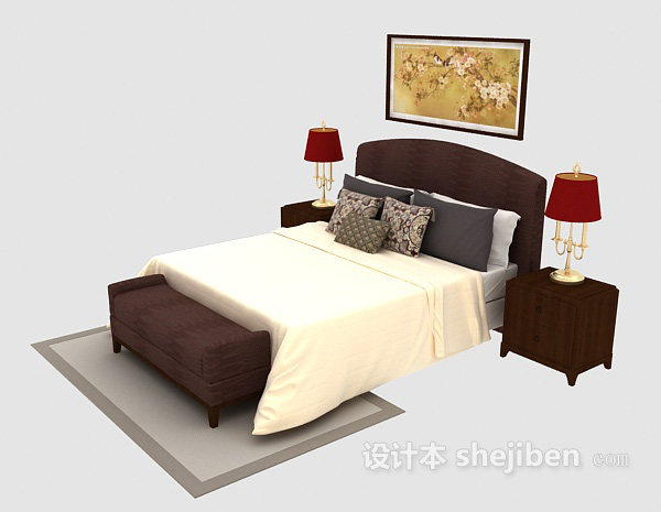 实木中式双人床3d模型下载