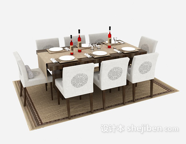 新中式实木餐桌3d模型下载