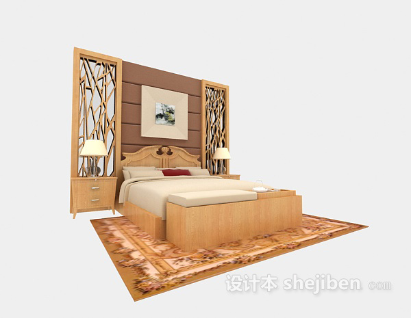 免费美式实木双人床3d模型下载